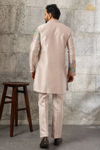 Coral Pink Embroidered Silk Men Kurta Pajama