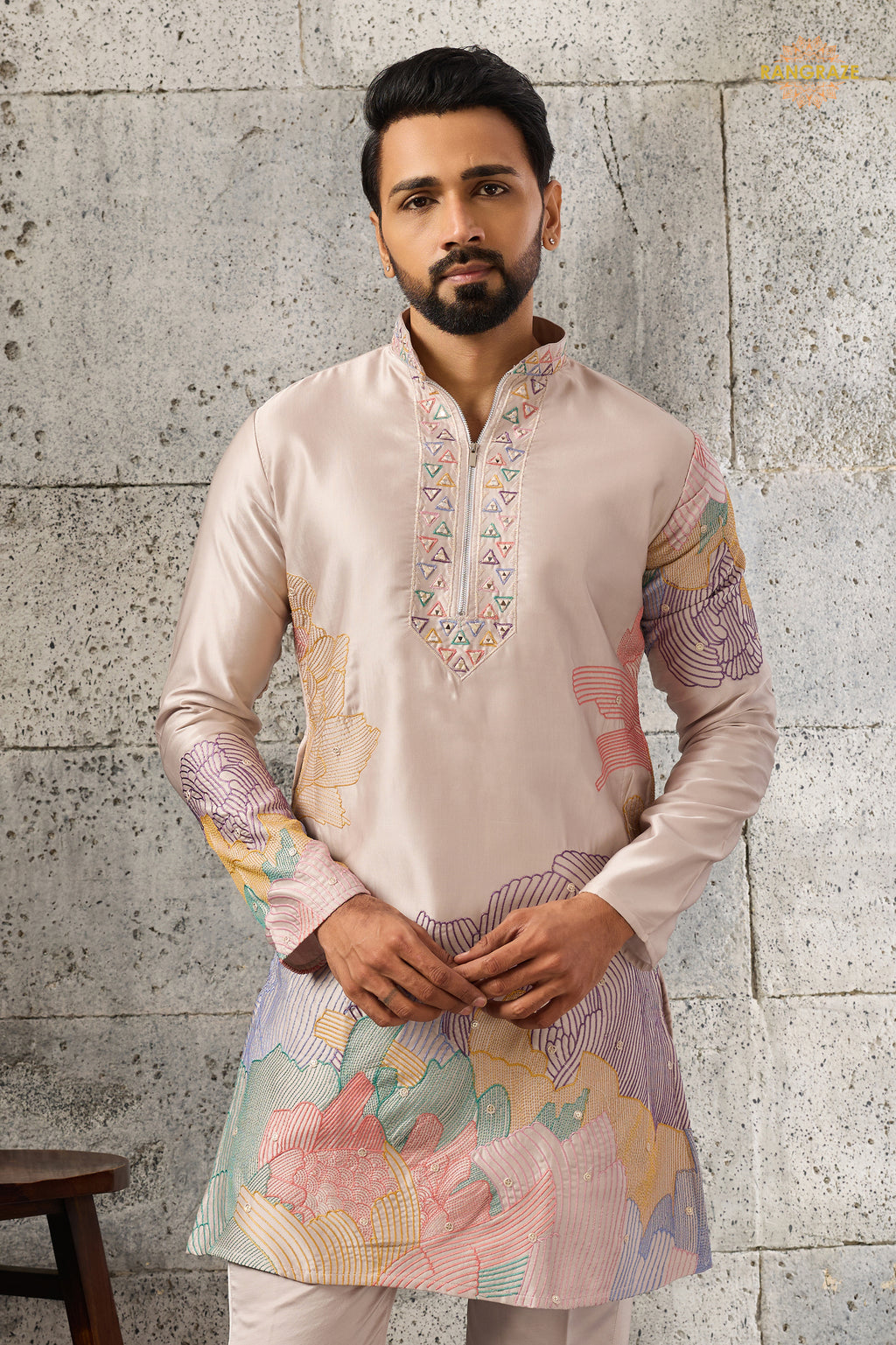 Coral Pink Embroidered Silk Men Kurta Pajama