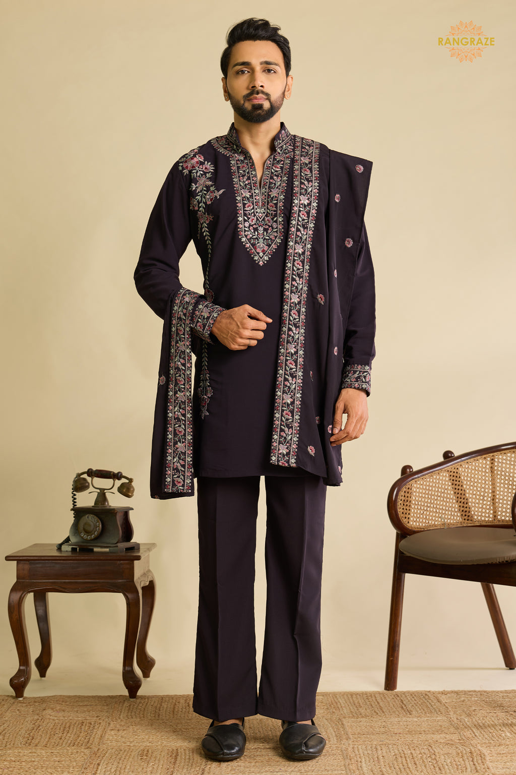 Dark Wine Embroidered Japanese Men Kurta Pajama With Dupatta