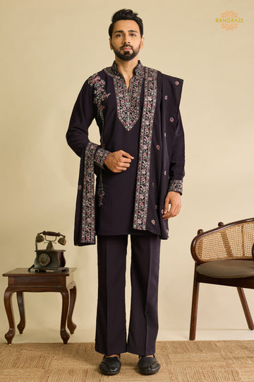 Dark Wine Embroidered Japanese Men Kurta Pajama With Dupatta