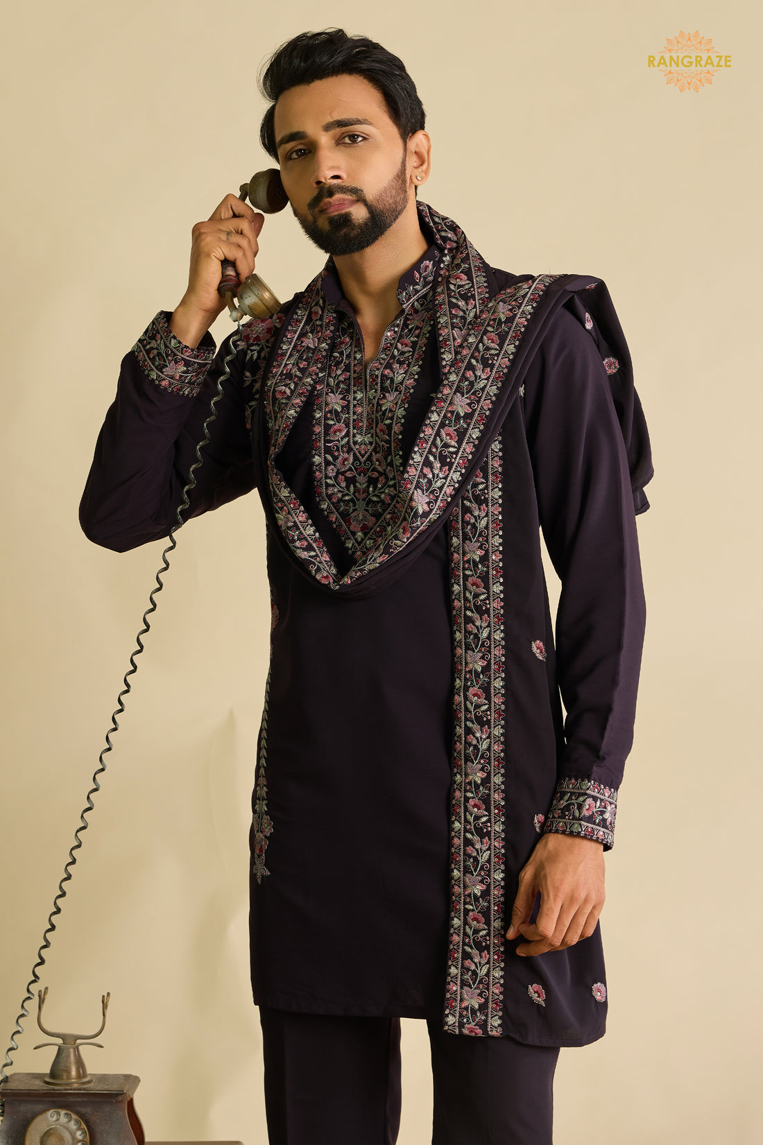 Dark Wine Embroidered Japanese Men Kurta Pajama With Dupatta