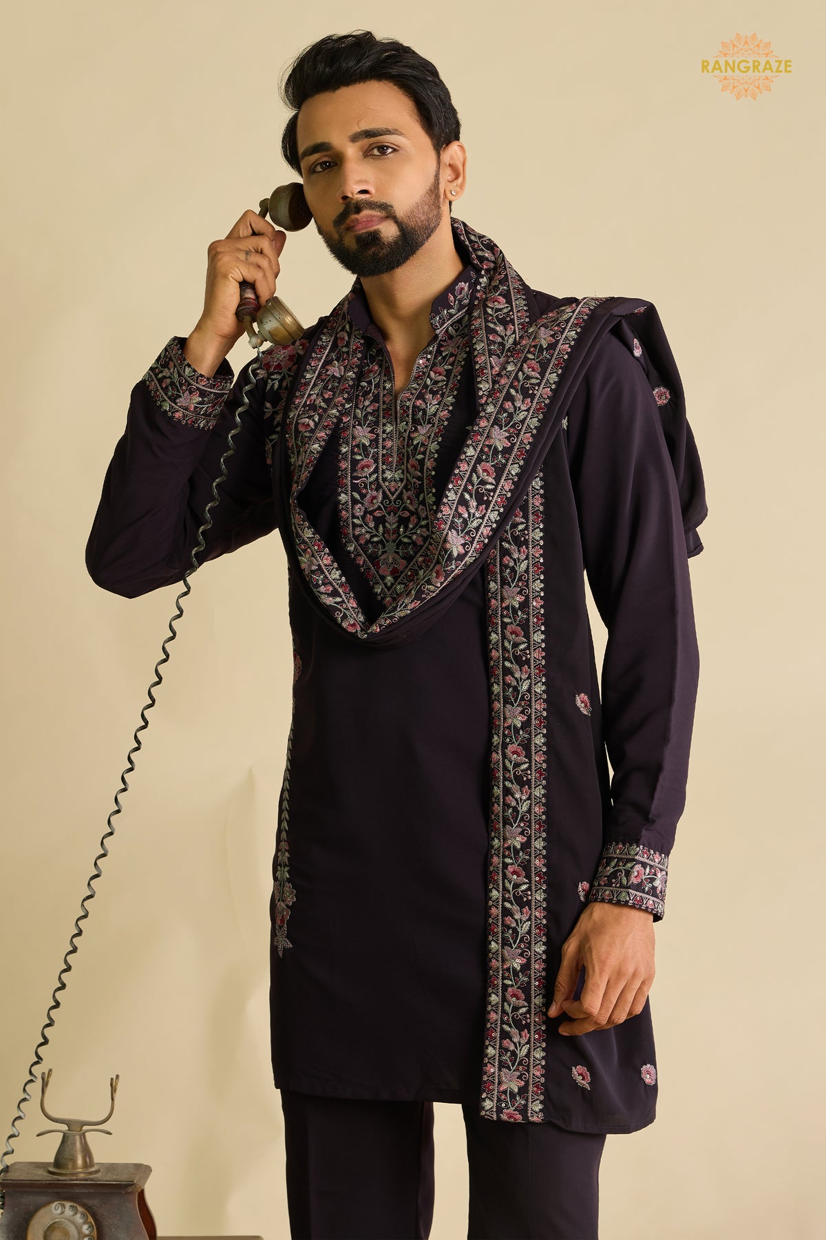 Dark Wine Embroidered Japanese Men Kurta Pajama With Dupatta