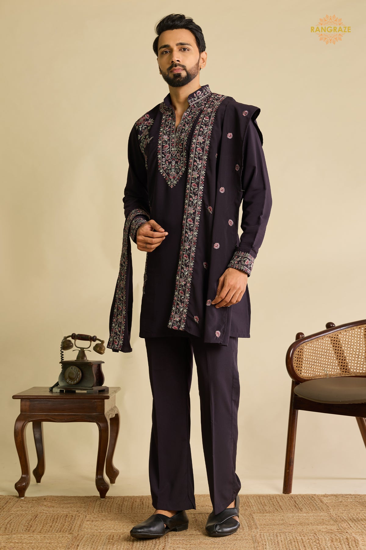 Dark Wine Embroidered Japanese Men Kurta Pajama With Dupatta