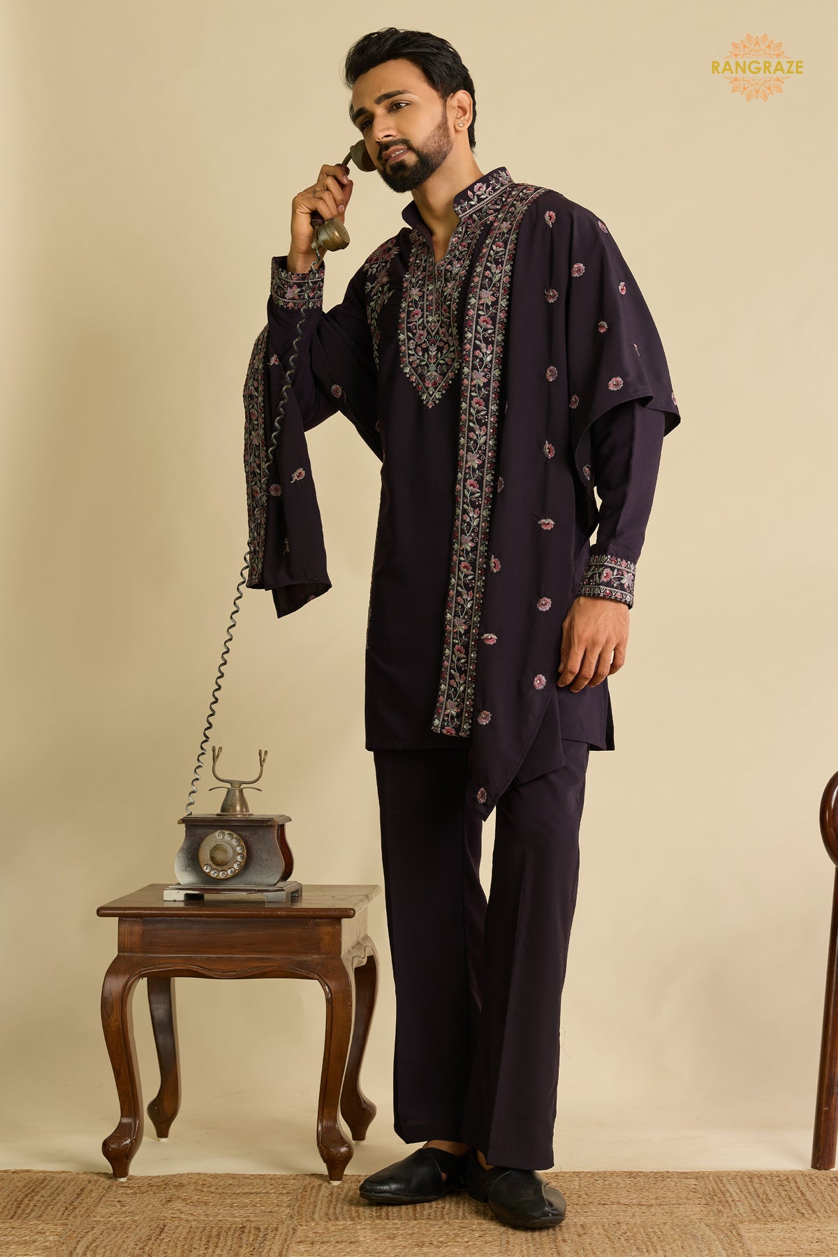 Dark Wine Embroidered Japanese Men Kurta Pajama With Dupatta