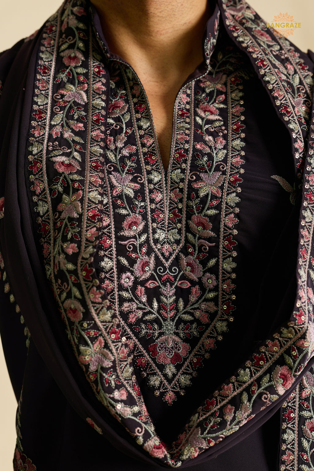 Dark Wine Embroidered Japanese Men Kurta Pajama With Dupatta