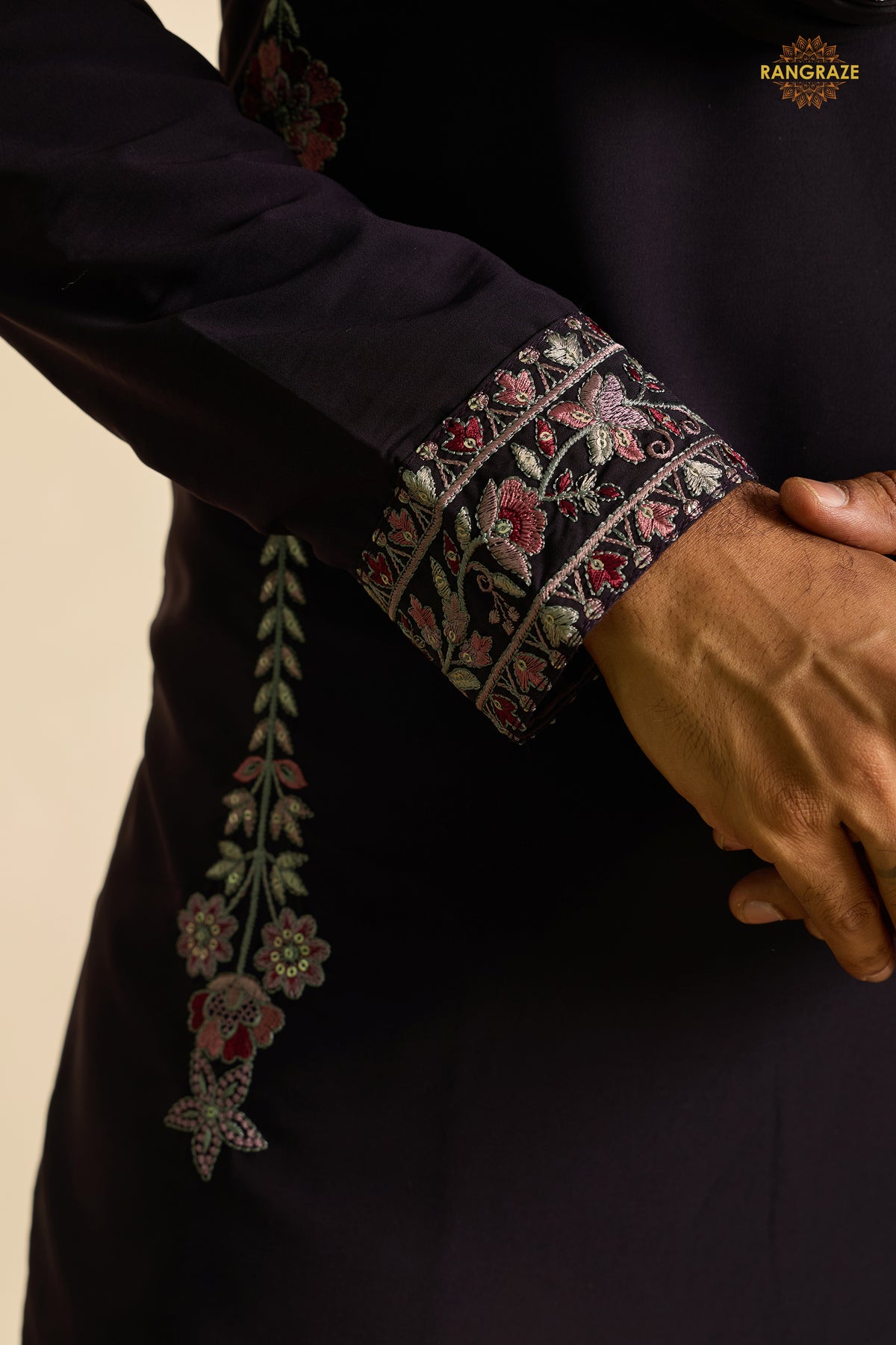 Dark Wine Embroidered Japanese Men Kurta Pajama With Dupatta