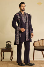 Dark Wine Embroidered Japanese Men Kurta Pajama With Dupatta