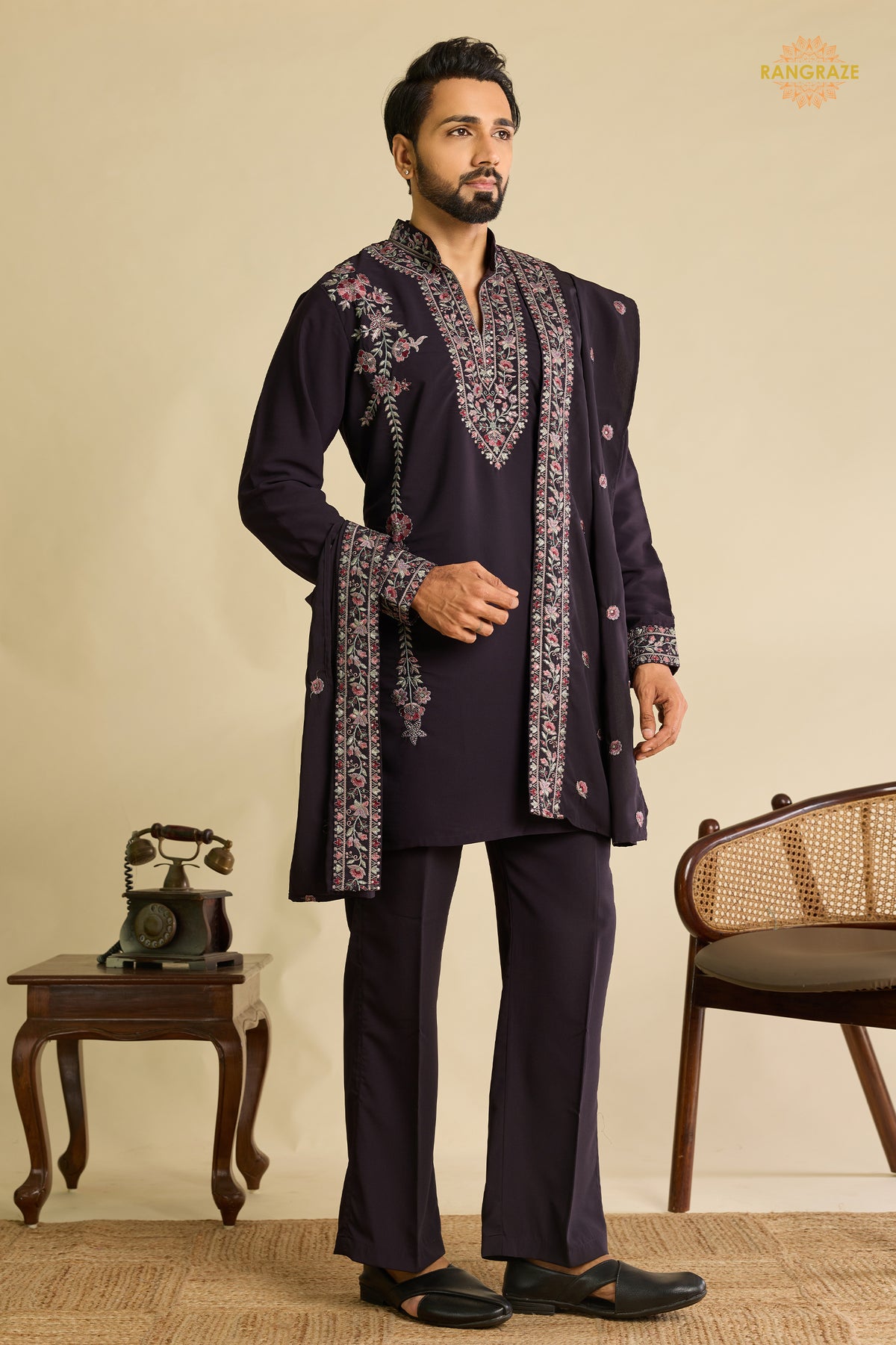 Dark Wine Embroidered Japanese Men Kurta Pajama With Dupatta