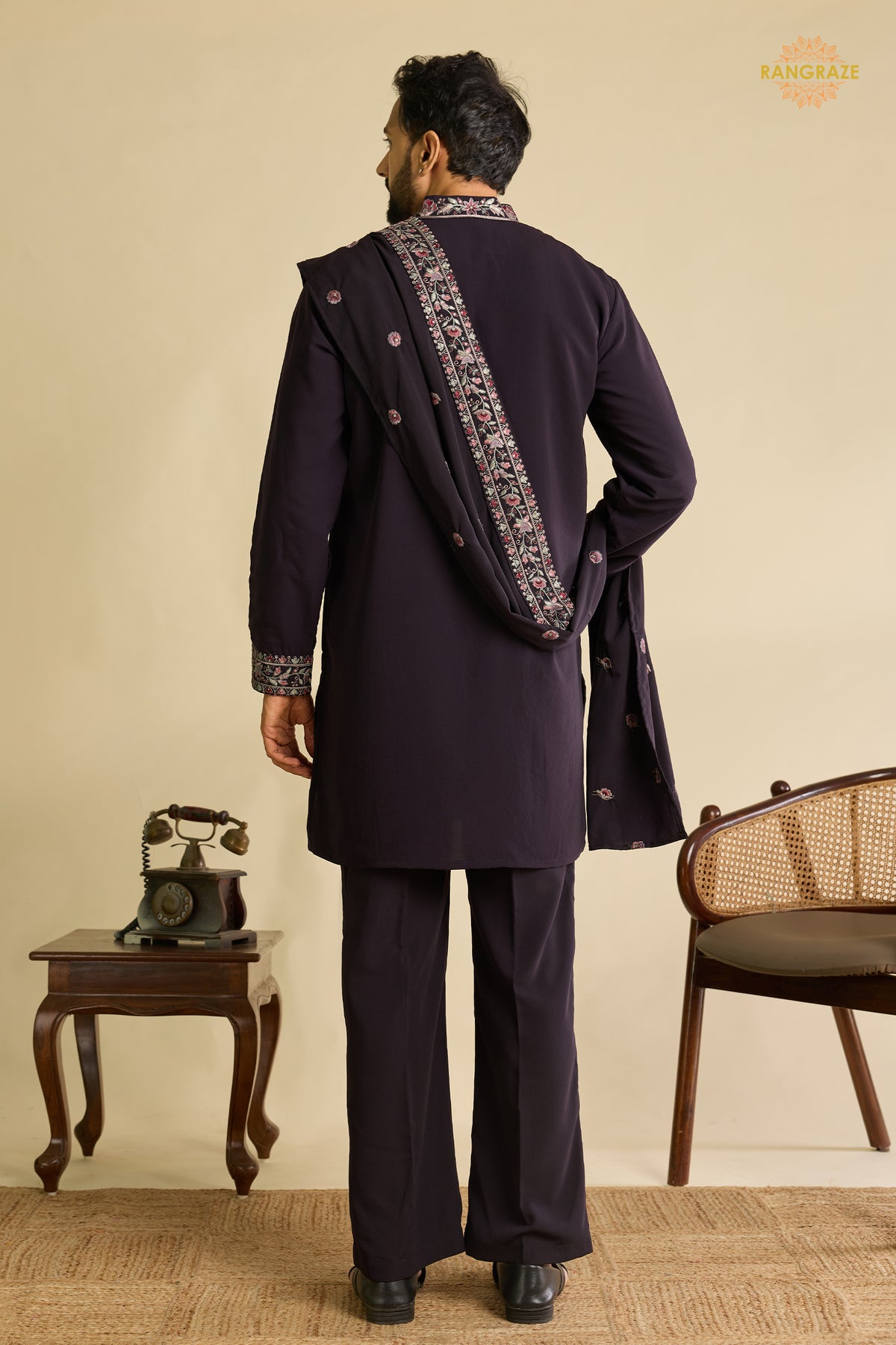 Dark Wine Embroidered Japanese Men Kurta Pajama With Dupatta