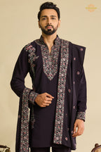 Dark Wine Embroidered Japanese Men Kurta Pajama With Dupatta