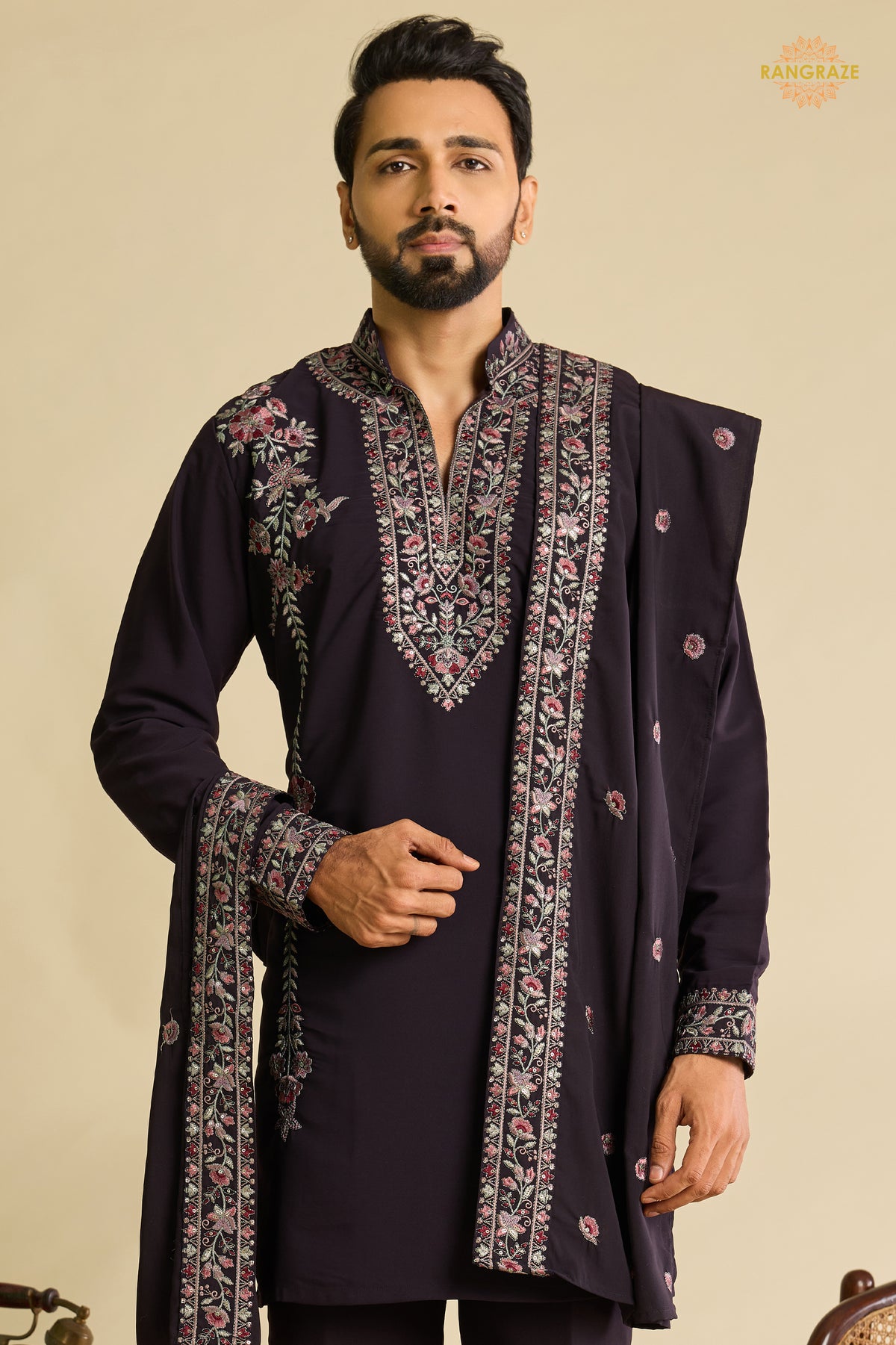 Dark Wine Embroidered Japanese Men Kurta Pajama With Dupatta