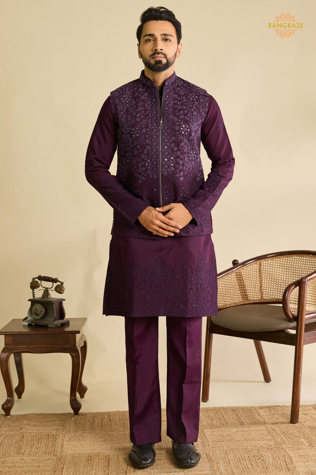 Deep Plum Embroidered Art Silk Men Kurta Pajama With Jacket