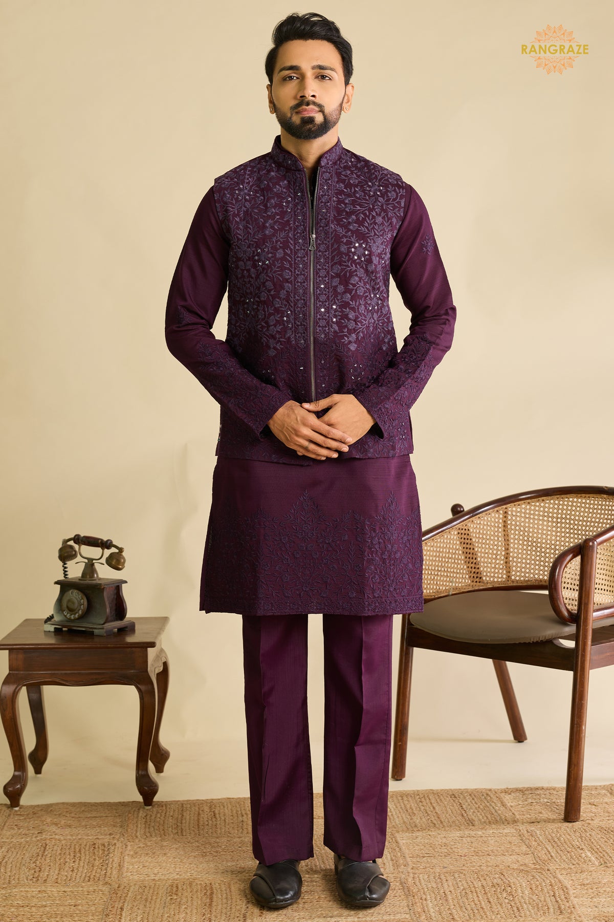 Deep Plum Embroidered Art Silk Men Kurta Pajama With Jacket