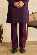 Deep Plum Embroidered Art Silk Men Kurta Pajama With Jacket