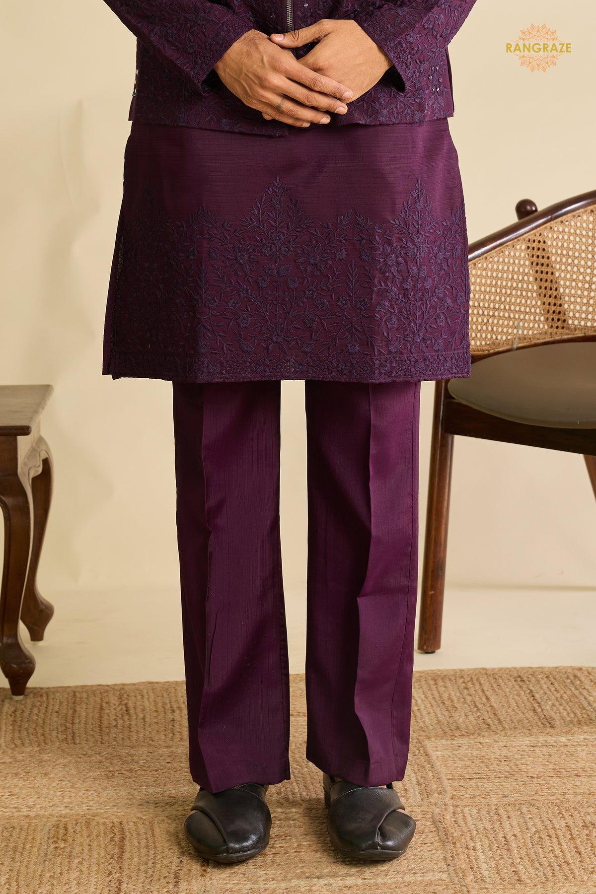 Deep Plum Embroidered Art Silk Men Kurta Pajama With Jacket
