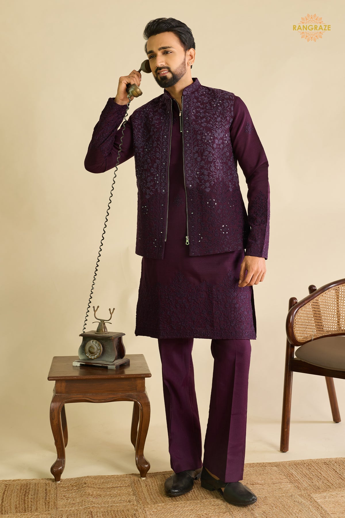 Deep Plum Embroidered Art Silk Men Kurta Pajama With Jacket