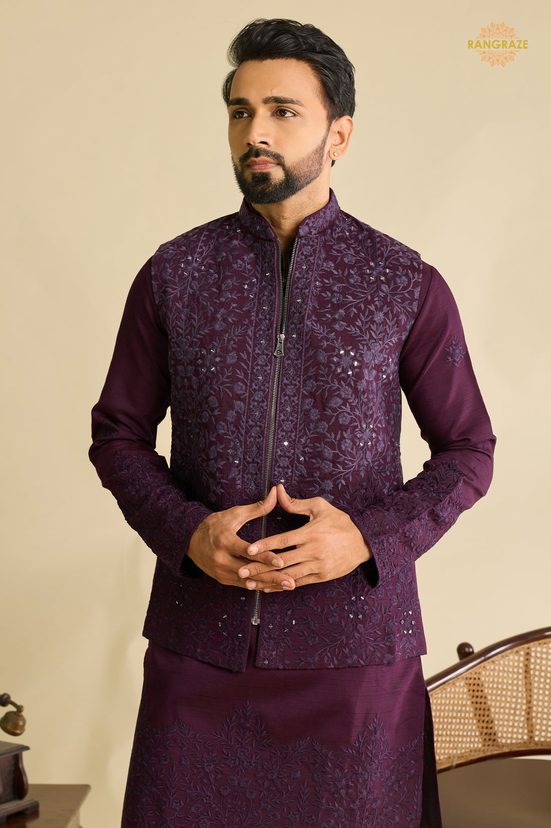 Deep Plum Embroidered Art Silk Men Kurta Pajama With Jacket