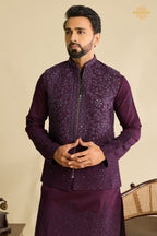 Deep Plum Embroidered Art Silk Men Kurta Pajama With Jacket