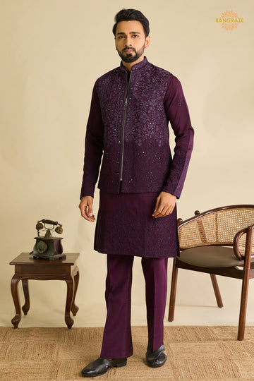 Deep Plum Embroidered Art Silk Men Kurta Pajama With Jacket