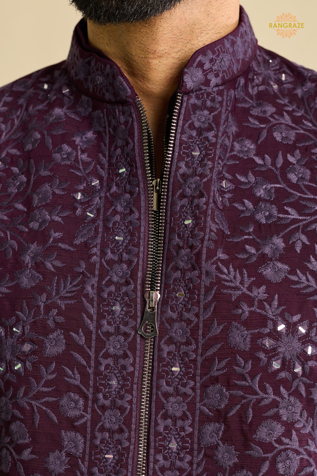 Deep Plum Embroidered Art Silk Men Kurta Pajama With Jacket