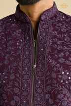 Deep Plum Embroidered Art Silk Men Kurta Pajama With Jacket
