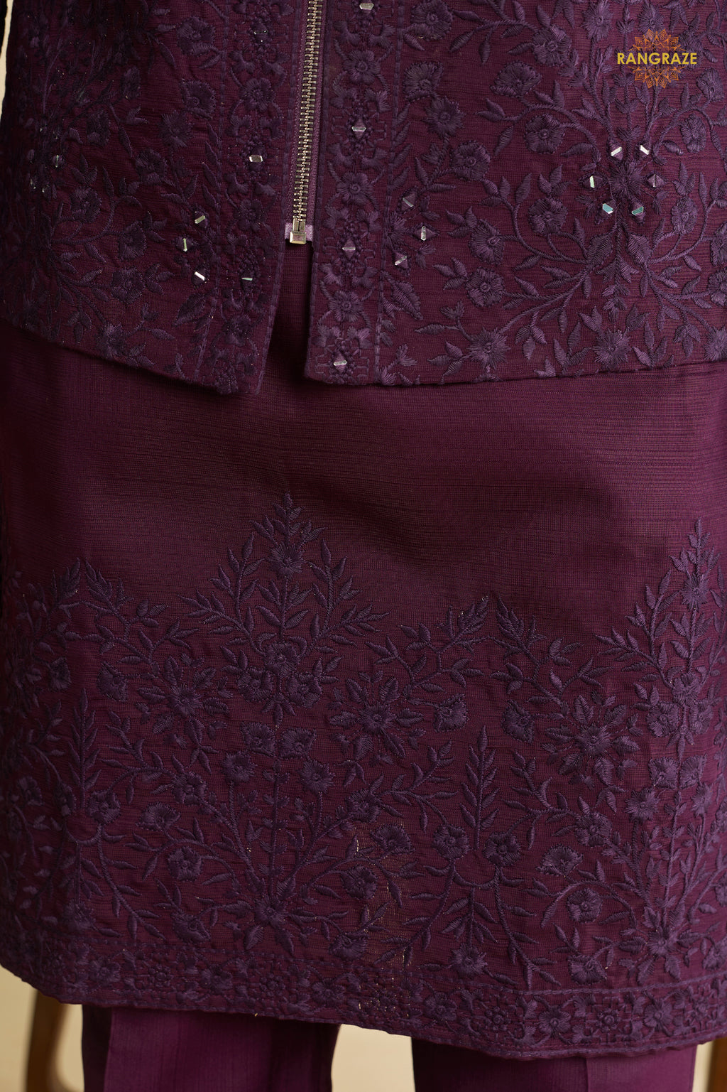 Deep Plum Embroidered Art Silk Men Kurta Pajama With Jacket