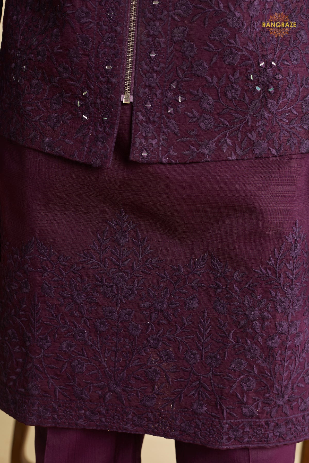 Deep Plum Embroidered Art Silk Men Kurta Pajama With Jacket