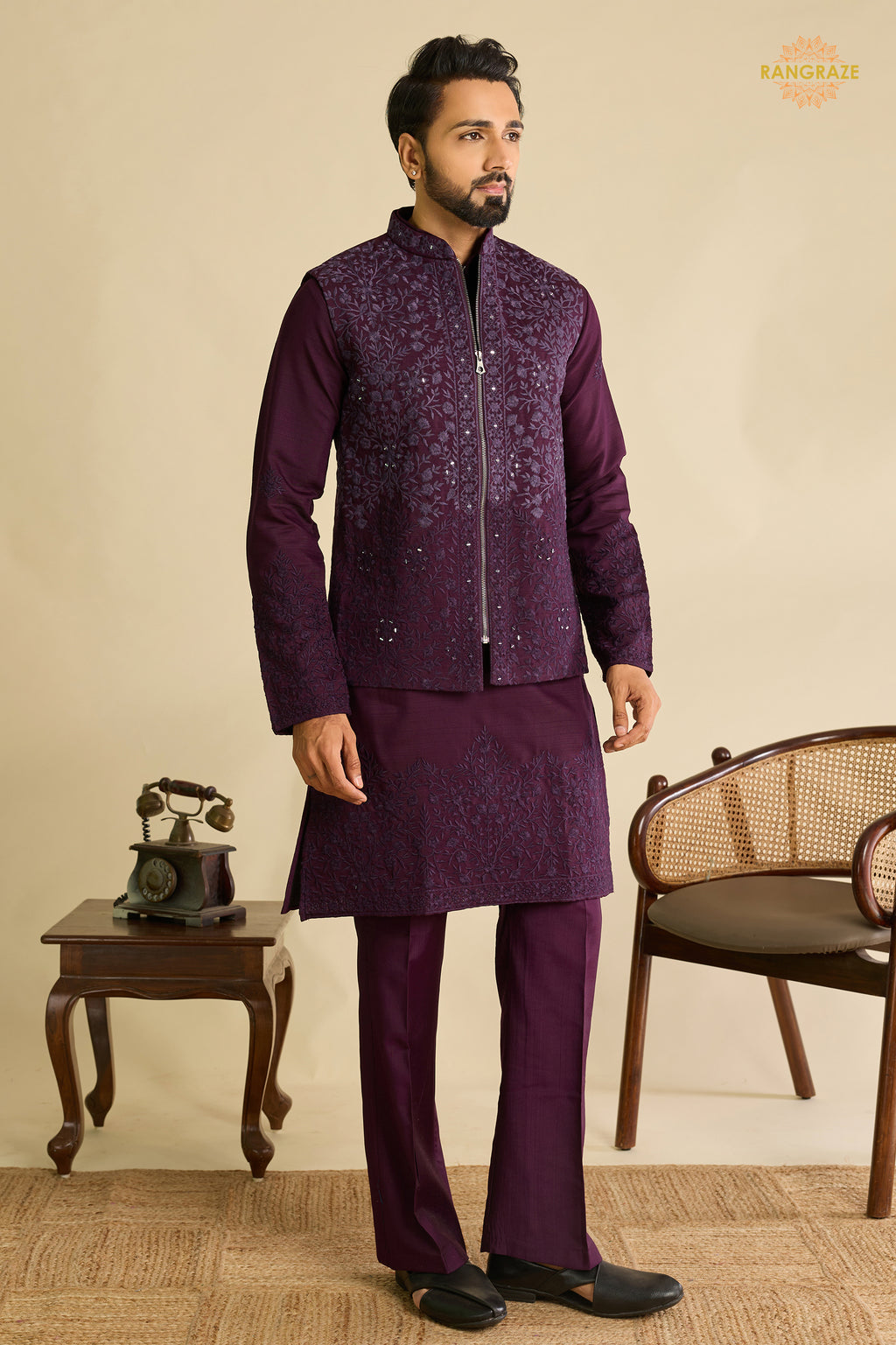 Deep Plum Embroidered Art Silk Men Kurta Pajama With Jacket