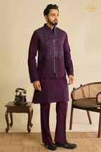 Deep Plum Embroidered Art Silk Men Kurta Pajama With Jacket