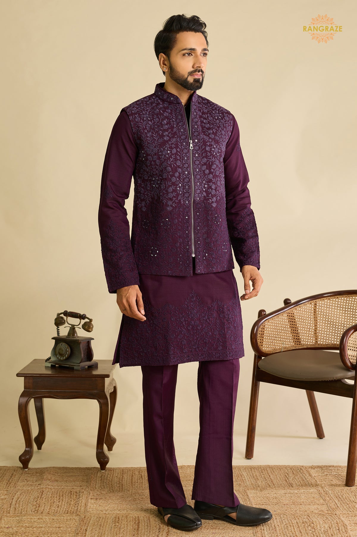 Deep Plum Embroidered Art Silk Men Kurta Pajama With Jacket