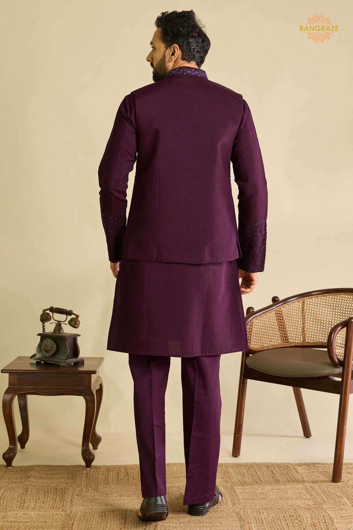 Deep Plum Embroidered Art Silk Men Kurta Pajama With Jacket