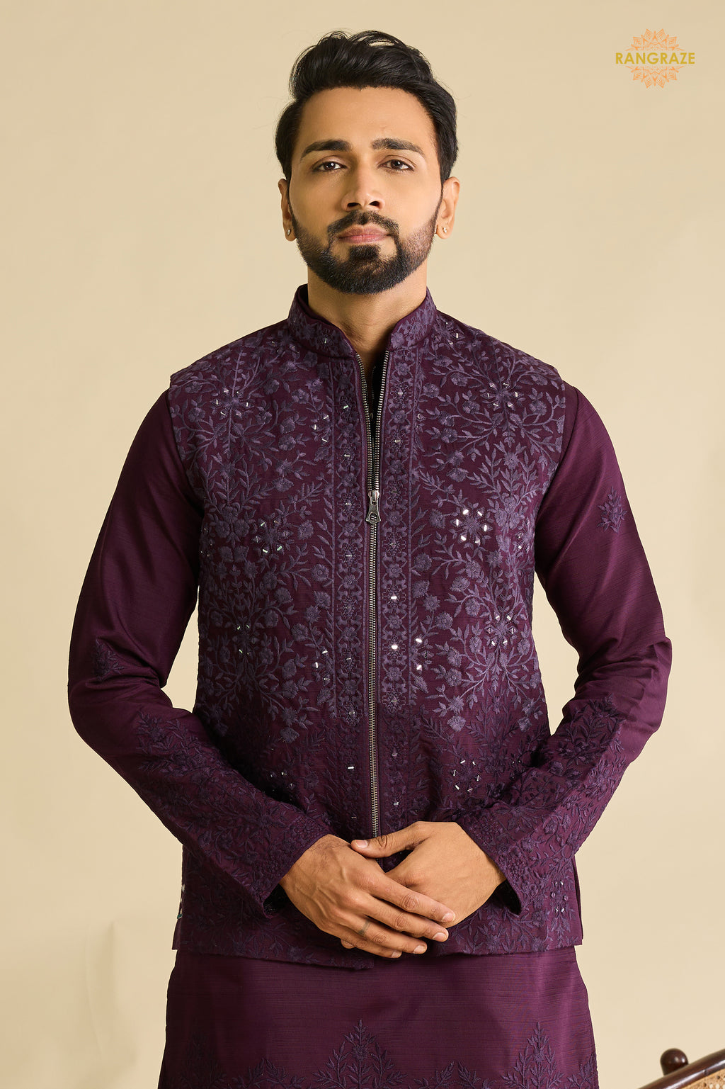 Deep Plum Embroidered Art Silk Men Kurta Pajama With Jacket