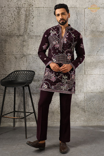 Deep Plum Embroidered Japanese Men Kurta Pajama