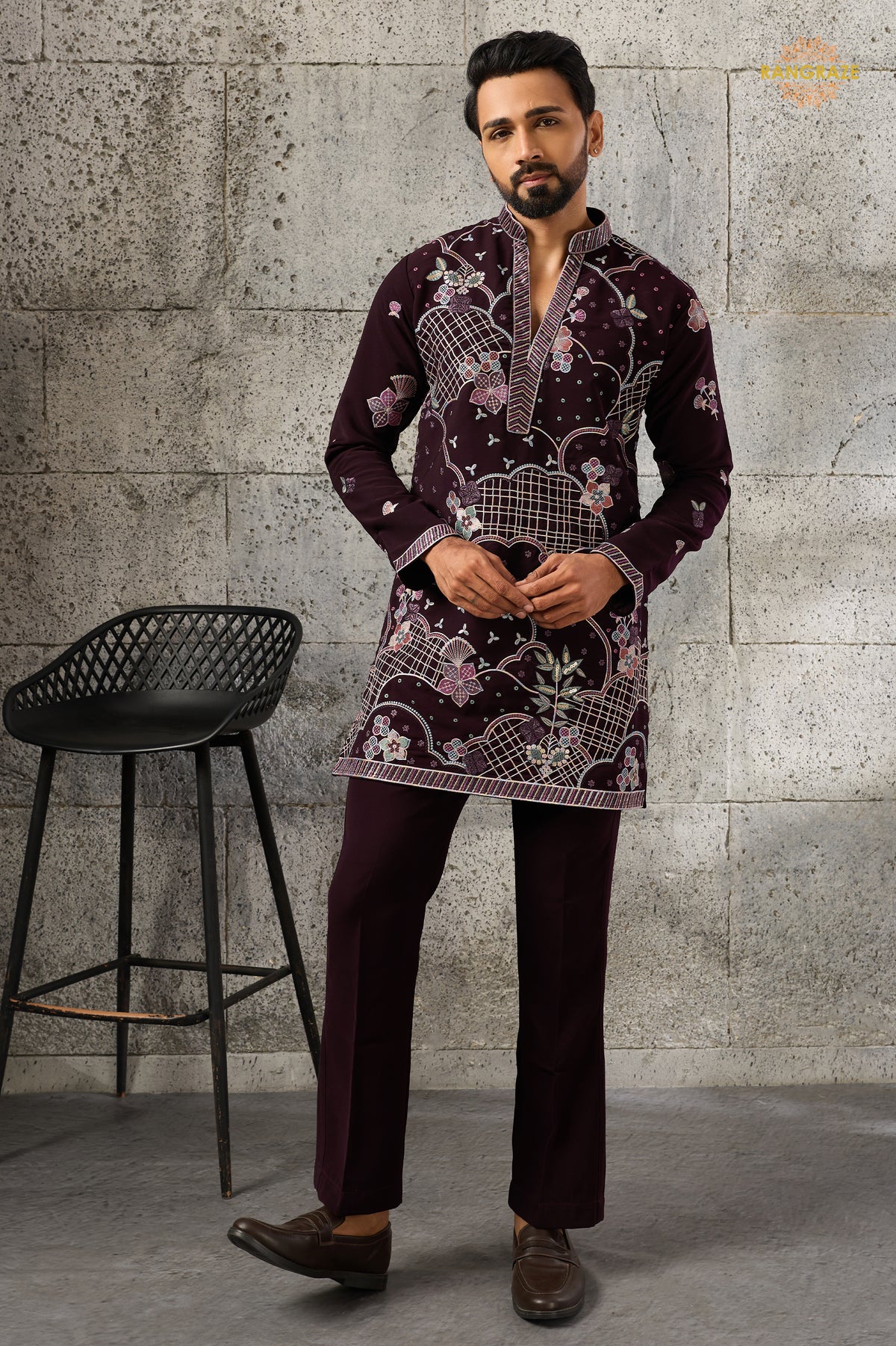 Deep Plum Embroidered Japanese Men Kurta Pajama