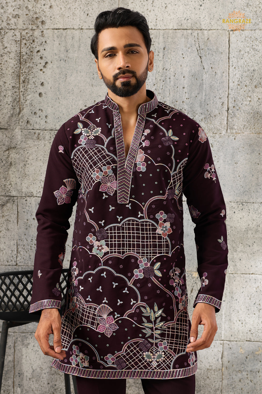 Deep Plum Embroidered Japanese Men Kurta Pajama