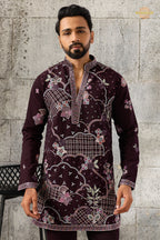 Deep Plum Embroidered Japanese Men Kurta Pajama