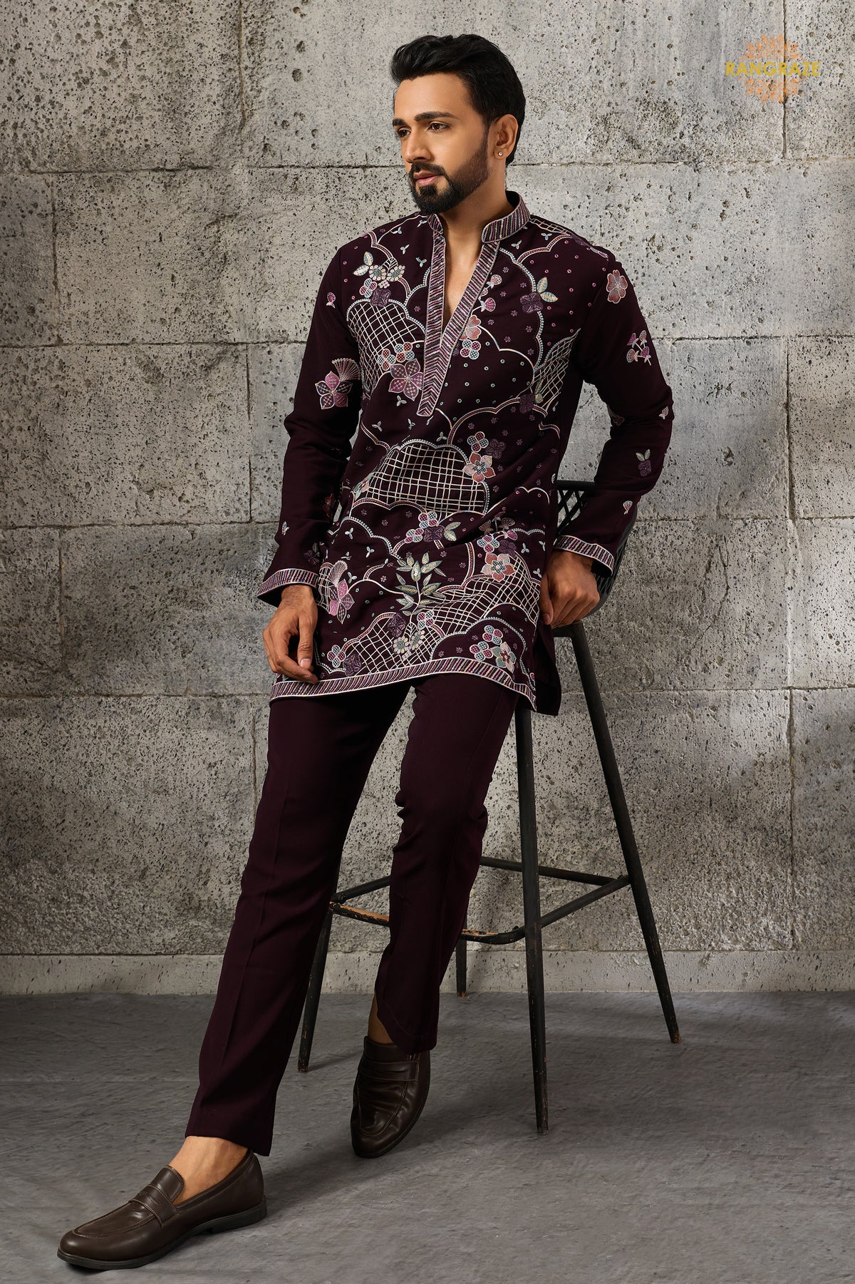 Deep Plum Embroidered Japanese Men Kurta Pajama
