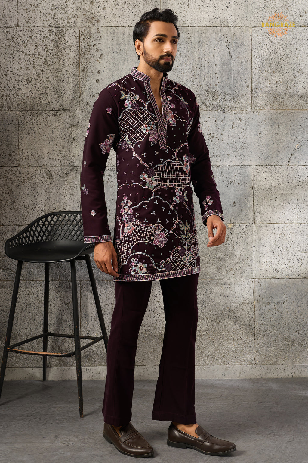 Deep Plum Embroidered Japanese Men Kurta Pajama