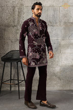 Deep Plum Embroidered Japanese Men Kurta Pajama