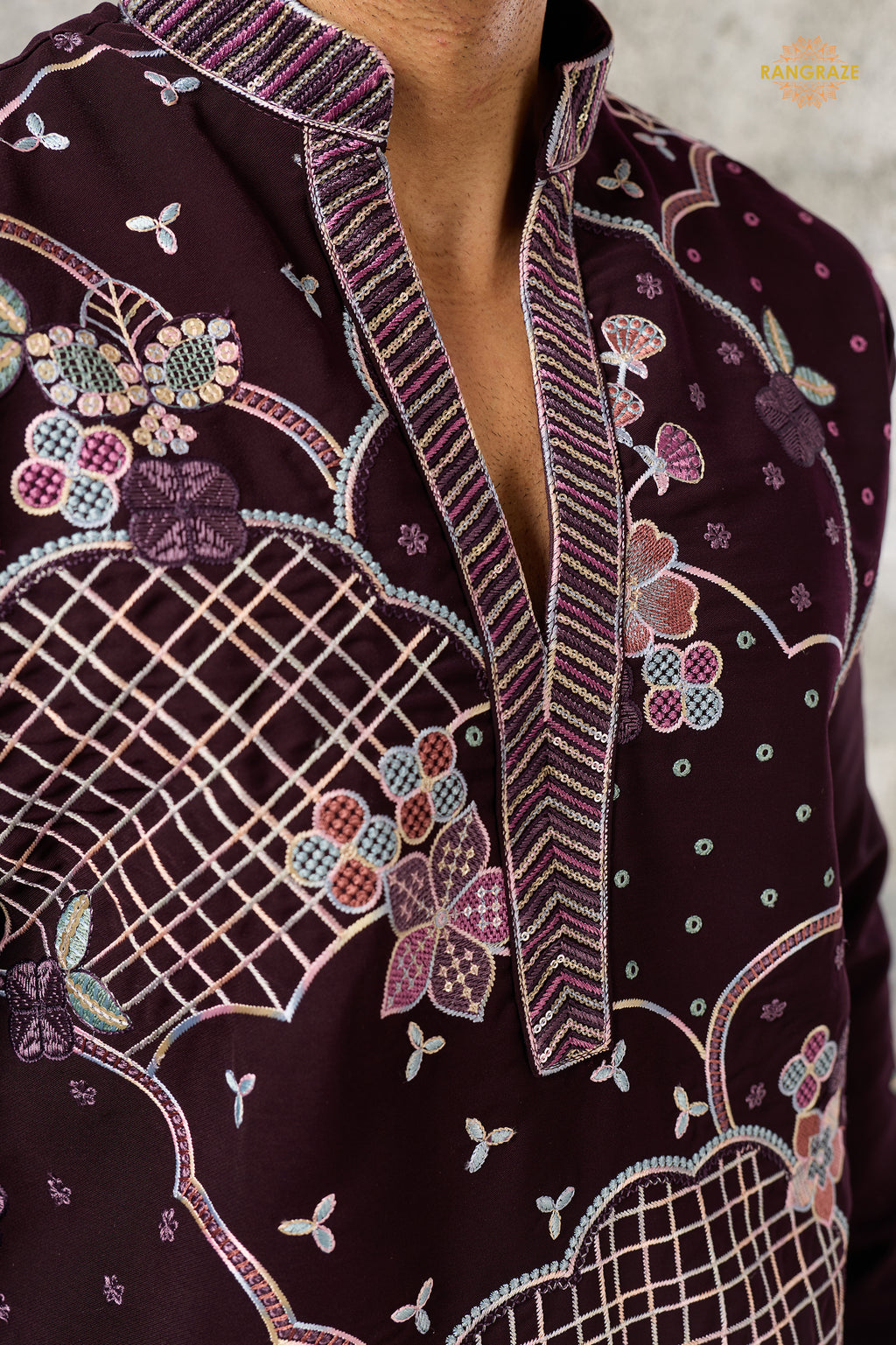 Deep Plum Embroidered Japanese Men Kurta Pajama