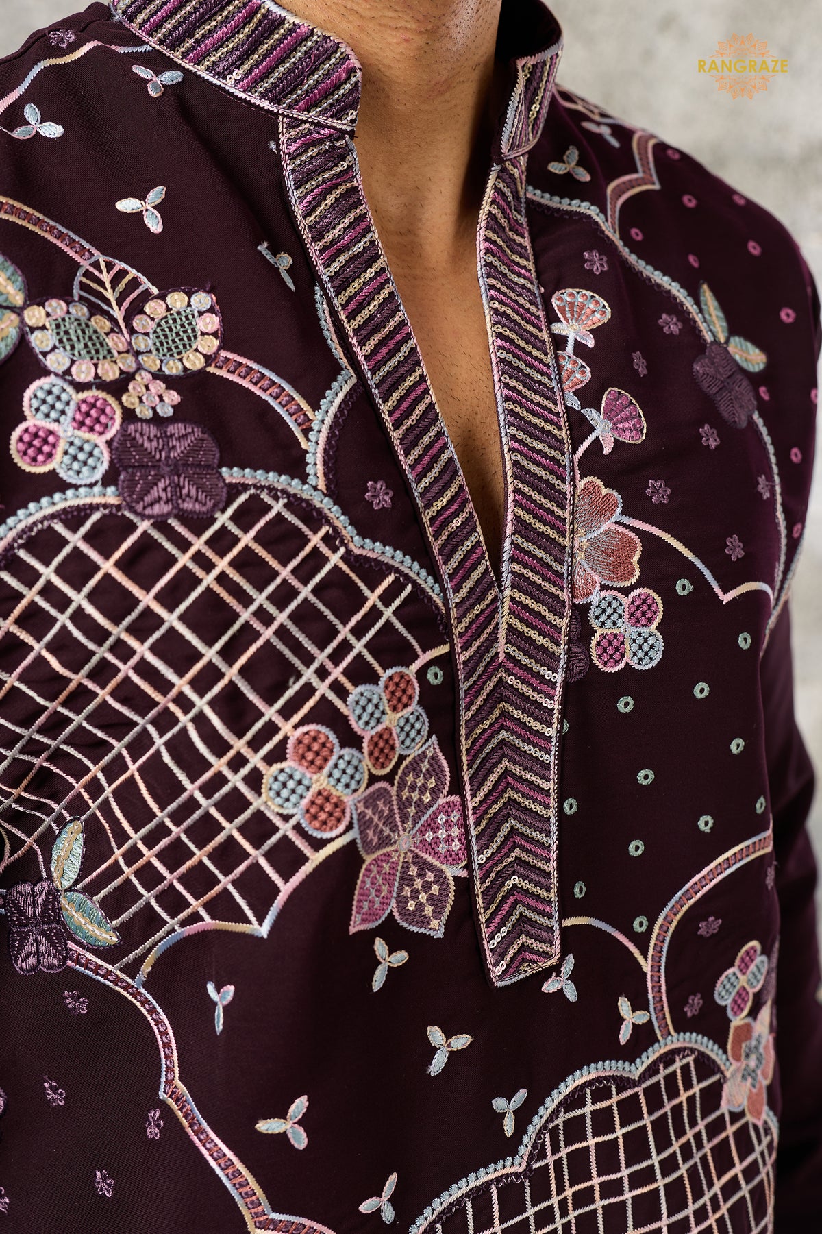 Deep Plum Embroidered Japanese Men Kurta Pajama