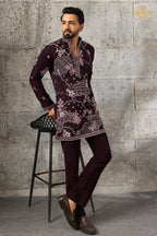 Deep Plum Embroidered Japanese Men Kurta Pajama