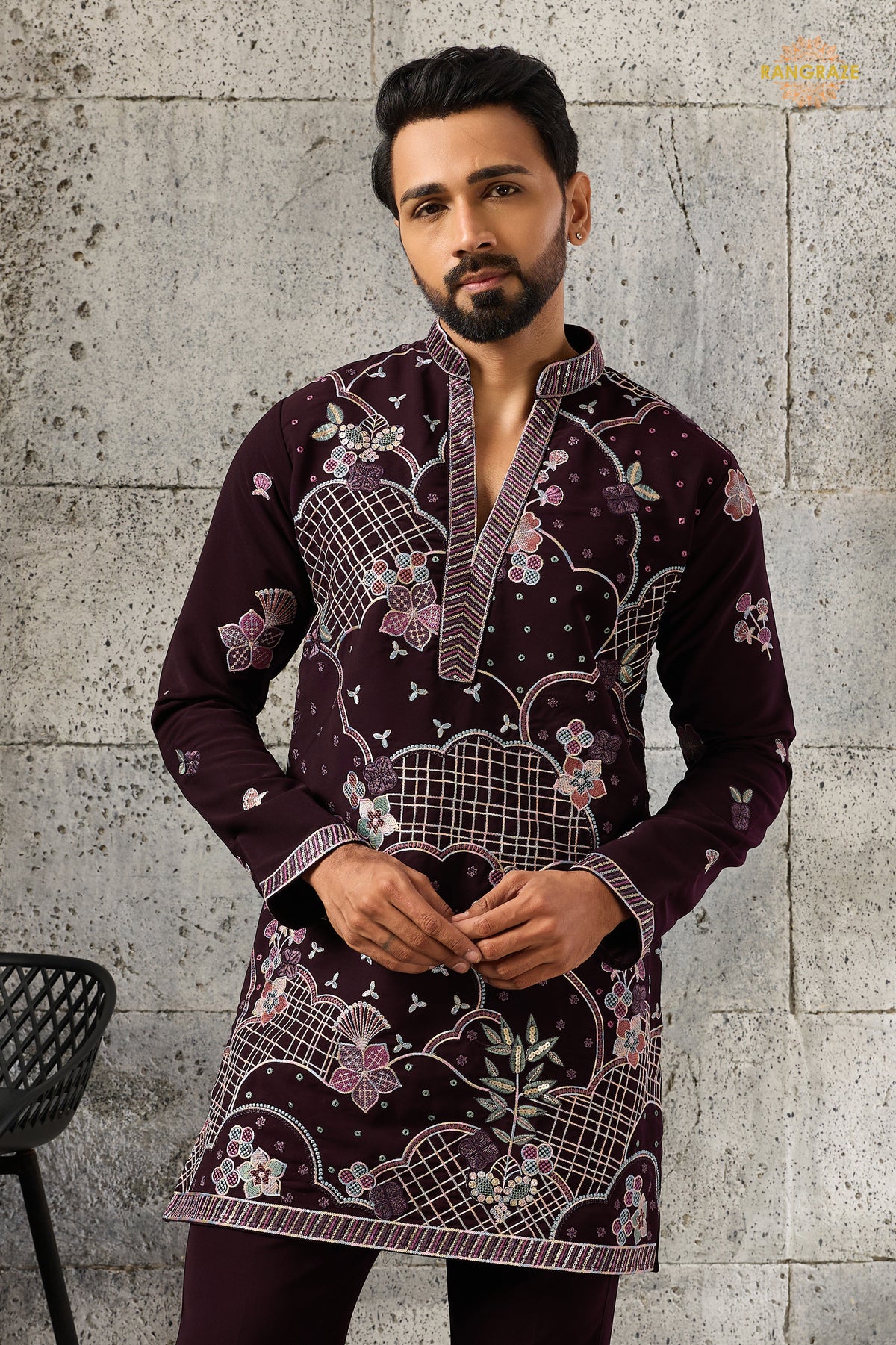 Deep Plum Embroidered Japanese Men Kurta Pajama