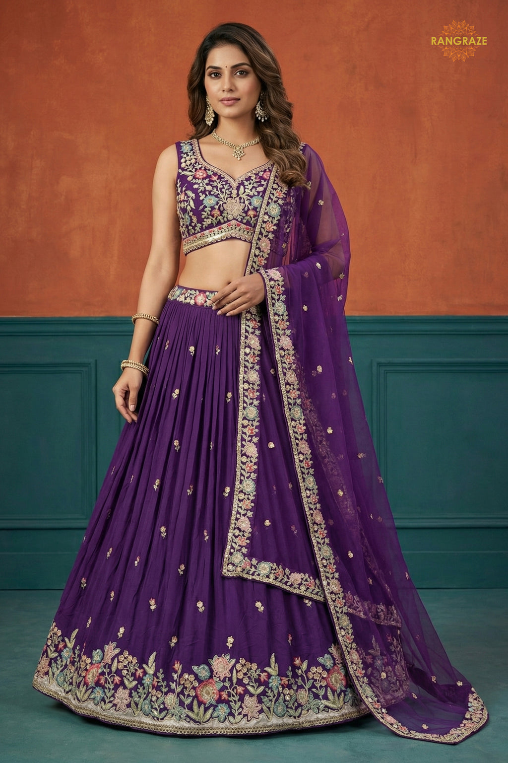 Deep Violet Embroidered Semi-Stitched Georgette Lehenga Set