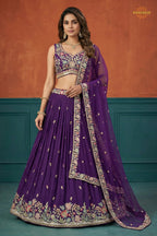 Deep Violet Embroidered Semi-Stitched Georgette Lehenga Set