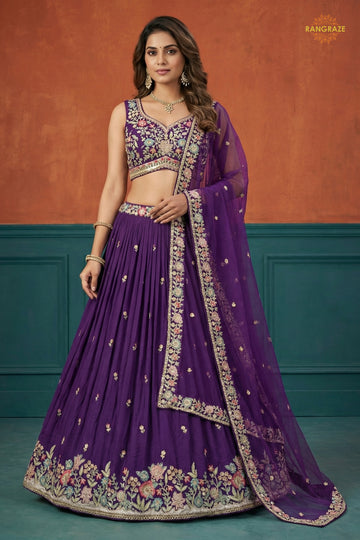 Deep Violet Embroidered Semi-Stitched Georgette Lehenga Set