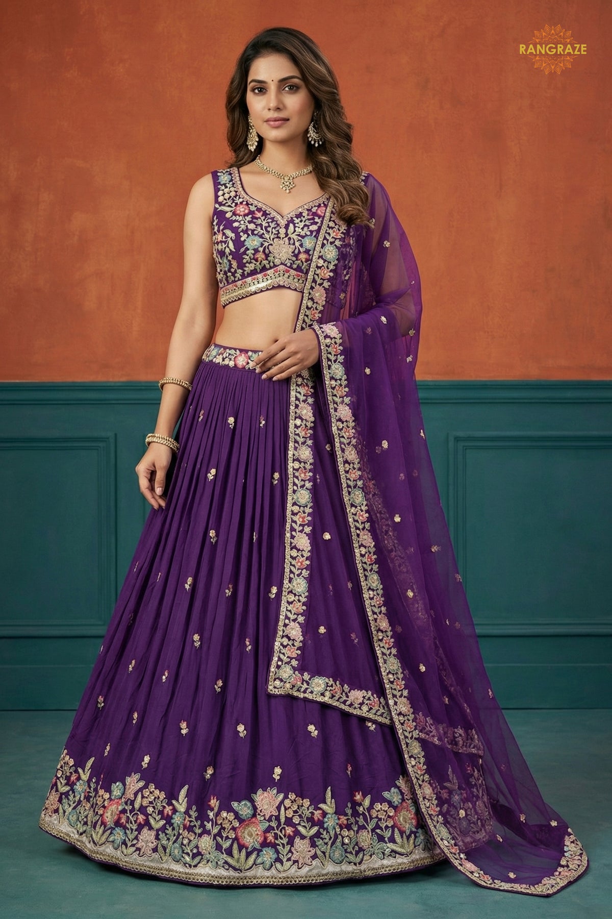 Deep Violet Embroidered Semi-Stitched Georgette Lehenga Set