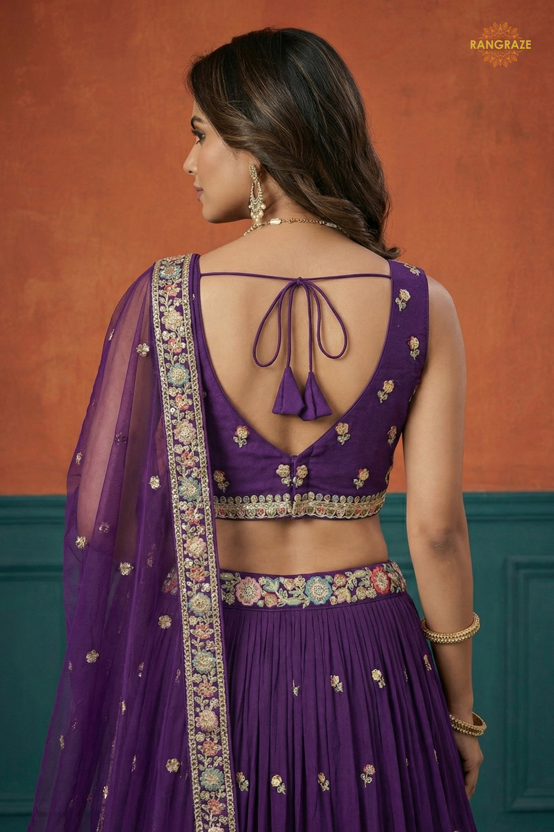 Deep Violet Embroidered Semi-Stitched Georgette Lehenga Set