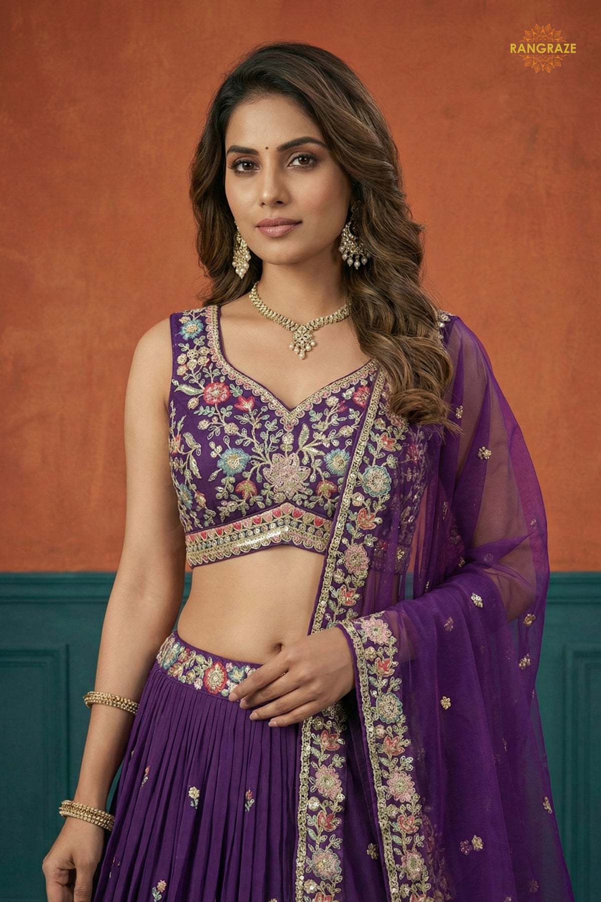 Deep Violet Embroidered Semi-Stitched Georgette Lehenga Set