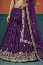 Deep Violet Embroidered Semi-Stitched Georgette Lehenga Set